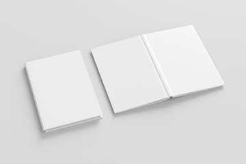 Blank white vertical closed and open and upside down book cover on white background isolated with clipping path around cover. 3d illustration