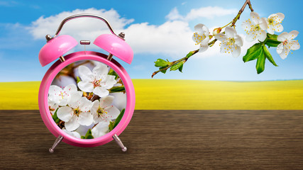 Alarm clock with flowers instead of dial on spring landscape background. Springtime concept_