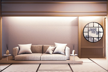 sofa wooden japanese design, on room  japanese wooden floor and decoration lamp and plants vase.3D rendering
