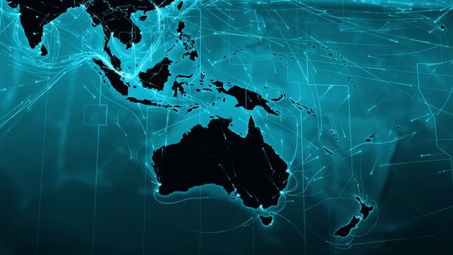 World map connections. Oceania and Asia. Animation of the Earth with bright connections. Aerial, maritime, ground routes and country borders. Cyan. More options in my portfolio.