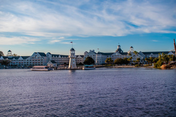 Panoramic view of lighthouse, taxiboat and Resort villas at Lake Buena Vista area
