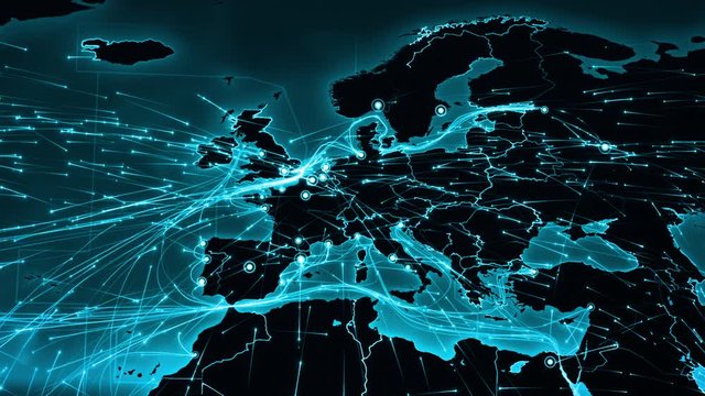 World map with connections. From Europe to Asia. Animation of the Earth with bright connections. Aerial, maritime, ground routes and country borders. Cyan. More options in my portfolio.