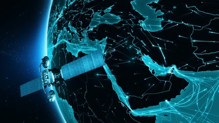 Satellite sending signals to Earth. Middle East. Animation of the Earth with bright connections and cities. Aerial, maritime, ground routes and country borders. 2 shots in 1 file. Cyan.