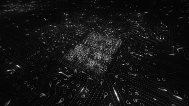 Futuristic circuit board with moving electrons. 360 with CPU animation. Loopable. White. More options in my portfolio.