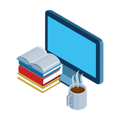 computer, books and hot coffee mug