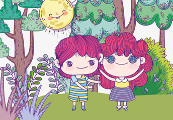 kids, cute little boy and girl anime cartoon sunny day landscape
