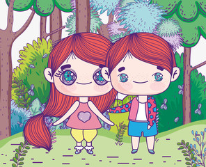 kids, cute little boy and girl anime cartoon trees meadow foliage landscape