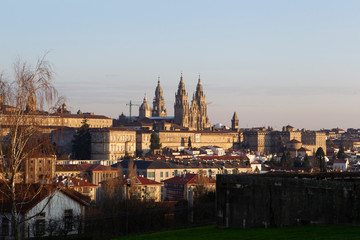 Santiago de Compostela, Spain. view of the main baroque facade of the cathedral among more buildings of Santiago de Compostela on December 6,2019