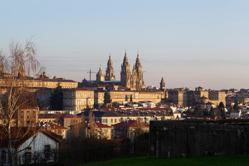 Fototapeta premium Santiago de Compostela, Spain. view of the main baroque facade of the cathedral among more buildings of Santiago de Compostela on December 6,2019