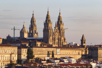 Obraz premium Santiago de Compostela, Spain. view of the main baroque facade of the cathedral among more buildings of Santiago de Compostela on December 6,2019