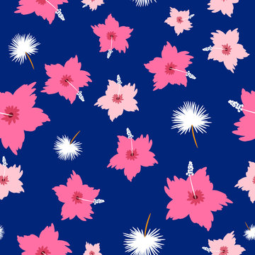 Seamless Tropical Vector Pattern with colorful hibiscus flowers and dandelions for print, textile, fabric, stationery