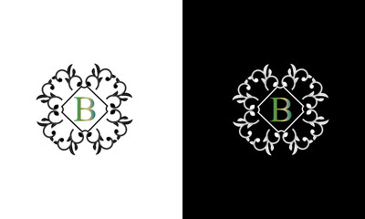 Luxurious vintage monograms. Decorative ornament on dark and light background with letter B. White and black pattern. Template for monogram or brand.