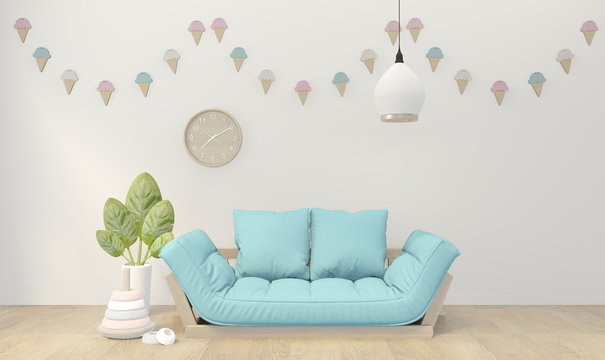 poster mock up chidren room interior with blue sky sofa on room design minimal design. 3D rendering