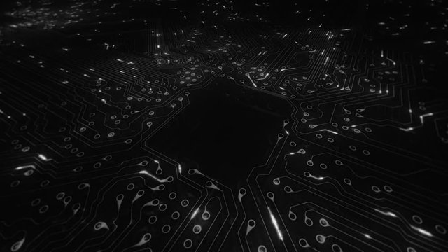 Futuristic circuit board with moving electrons. 360. Loopable. Copy space. White. More options in my portfolio.