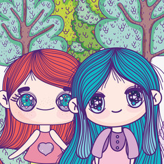kids, cute little girls anime cartoon characters foliage nature