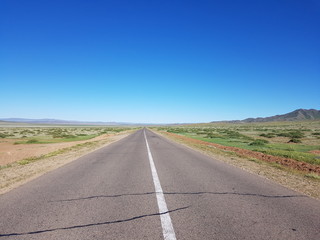 Fototapeta na wymiar Carretera atravesando llanura mongola