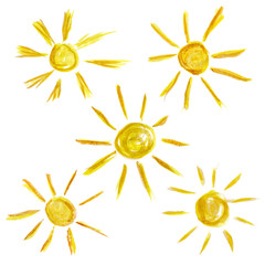 Set of five watercolor illustrations of yellow suns, isolated on white background. Cartoon clipart,...