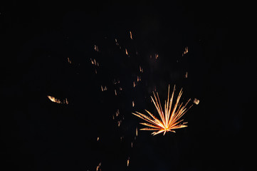 Salute in the form of a fire, leaf of hemp, cannabis. New Year celebration fireworks with dazzling display. Isolated explode light in sky in dark background. close up. place for text.