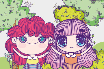 kids, little girls anime cartoon park landscape trees grass