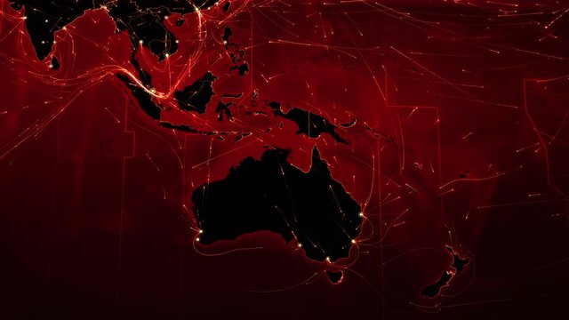 World map connections. Oceania- Asia. Animation of the Earth with bright connections. Aerial, maritime, ground routes and country borders. Red.