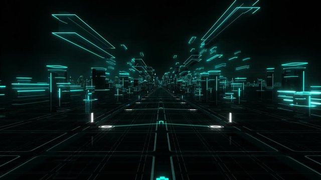 Futuristic abstract background. Cyan. Loopable. Technology. Hologram. Flying over a magic world.