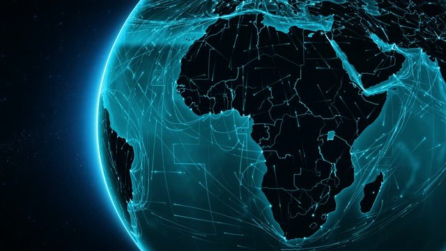 Earth connections. Africa. Animation of the Earth with bright connections. Aerial, maritime, ground routes and country borders. Cyan. More options in my portfolio.