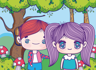 Obraz na płótnie Canvas kids, little boy and girl anime cartoon forest field mushrooms nature