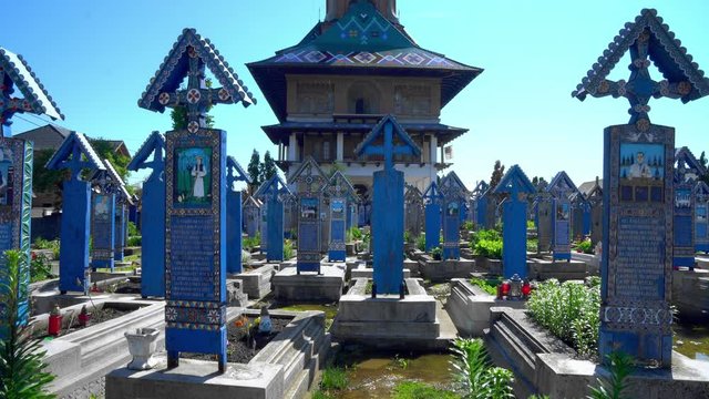 Merry Cemetery in Maramures, Romania, Decorated tombstones in the Merry Cemetery, Sapanta, Maramures, Romania, Cemetery in Sapanta village, Maramures, Romania