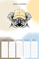 Weekly organizer with koala in hat and glasses, basis planner template universal and modern