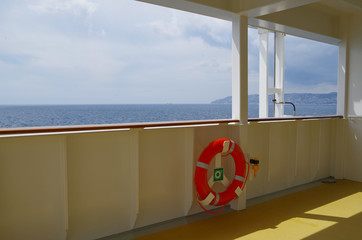 Panoramic and scenic view from cruise ship liner onto ocean and coast at sea