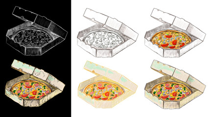 Pizza in delivery box, set graphic sketch illustration