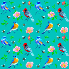 Fototapeta premium Spring pattern with birds, bees and rose flowers on turquoise background