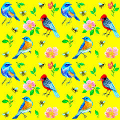 Summer pattern with birds, bees and roses on yellow background