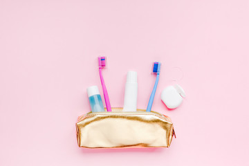 Teeth hygiene and oral care products flatlay