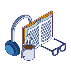 headphones, book and coffee mug and glasses