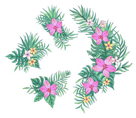 Tropical bouquet with plumeria, orchid and palm leaves. Vector isolated illustration on white background. Exotic set tropical garden for wedding invitations, greeting card and fashion design.