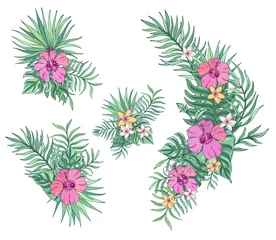 Foto op Canvas Tropisch boeket met plumeria, hibiscus en palmbladeren. Vector geïsoleerde illustratie op witte achtergrond. Exotische set tropische tuin voor huwelijksuitnodigingen, wenskaarten en modevormgeving. © Anna Sobol