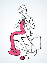 Woman knits a scarf. Vector sketch drawing