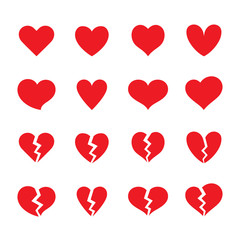 Set of red whole and broken heart shaped symbols. Collection of different romantic vector heart icons for web site, sticker, love logo and Valentines day. - 312973295
