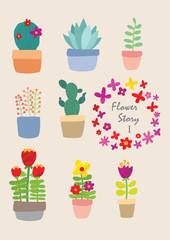 Various flower illustrations are planted in the pot.  Ideal for editing greeting cards, party invitations, posters, tags, and sticker kits.Vector