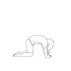 Kids Yoga - Joga für Kinder, Asana Katze, horizontal Banner Design Concept Cartoon. Junge barfuß in Yoga Haltung, macht fröhliches Gesicht. Yogi Logo auf Hintergrund in weiß.