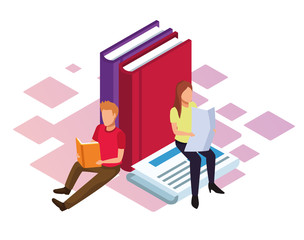 isometric design of big books and woman and man reading, colorful design