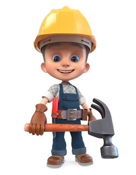 3D illustration funny boy in construction helmet and overalls/3D illustration Construction worker in overalls with a hammer and a screwdriver