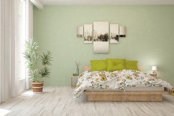 Stylish bedroom in green color. Scandinavian interior design. 3D illustration