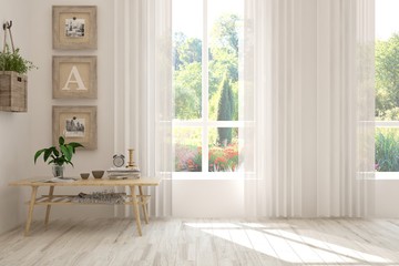 Stylish empty room in white color with summer landscape in window. Scandinavian interior design. 3D illustration