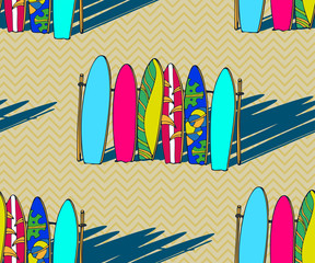 Beach pattern with surfing board. Decorative background. Vector seamless pattern illustration. Print for textile, cloth, wallpaper, scrapbooking