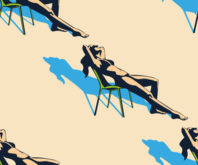 Beautiful woman tanning, with sunglasses, hat, at the beach, retro style. Pop art. Summer holiday. Vector seamless pattern illustration