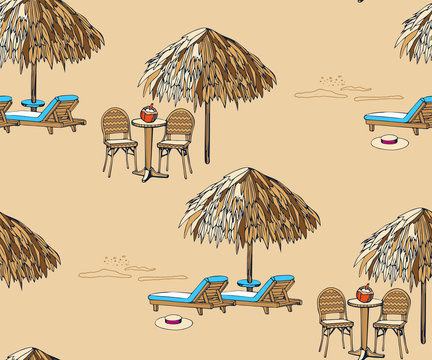 Beach pattern with chair and table. Decorative background. Vector seamless pattern illustration. Print for textile, cloth, wallpaper, scrapbooking