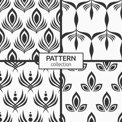 Set of four seamless patterns. Stylized peacock, bird feathers, floral ornament.