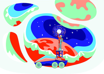 Naklejka premium An astronaut on other planet stands on rover, lift and fastens the sun to the sky. Stars, other planets, space theme, trendy color combination 2020, papercut technique